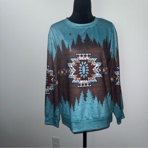 Aztec Teal and Brown Forest Print Top Medium